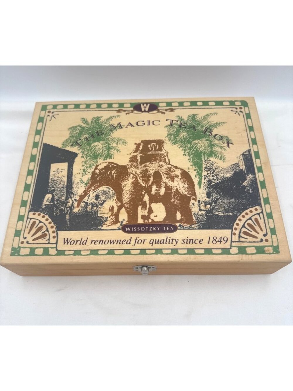 The Magic Tea Box Wooden Storage Case Elephant Artwork & Hinged Lid Wissotzky